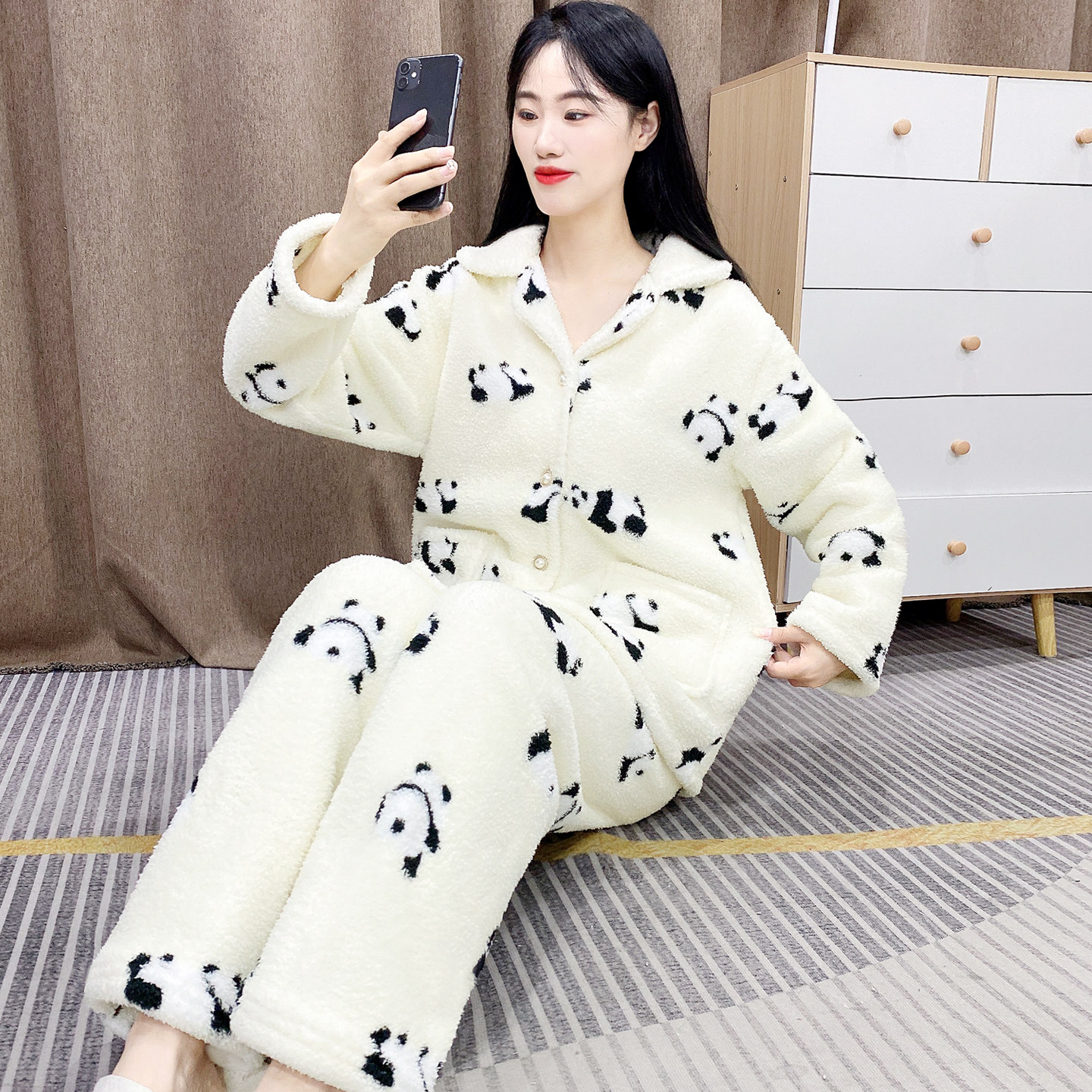 秋冬季加厚睡衣女款珊瑚绒奶fufu可爱加绒可外穿法兰绒居家服套装