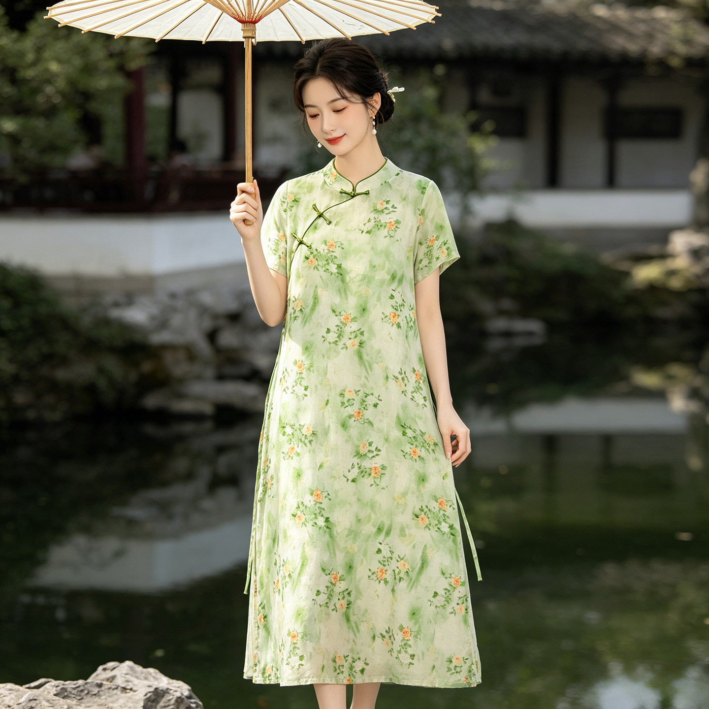 夏季人造棉女士新中式改良旗袍棉绸连衣裙时尚洋气国风日常可穿薄