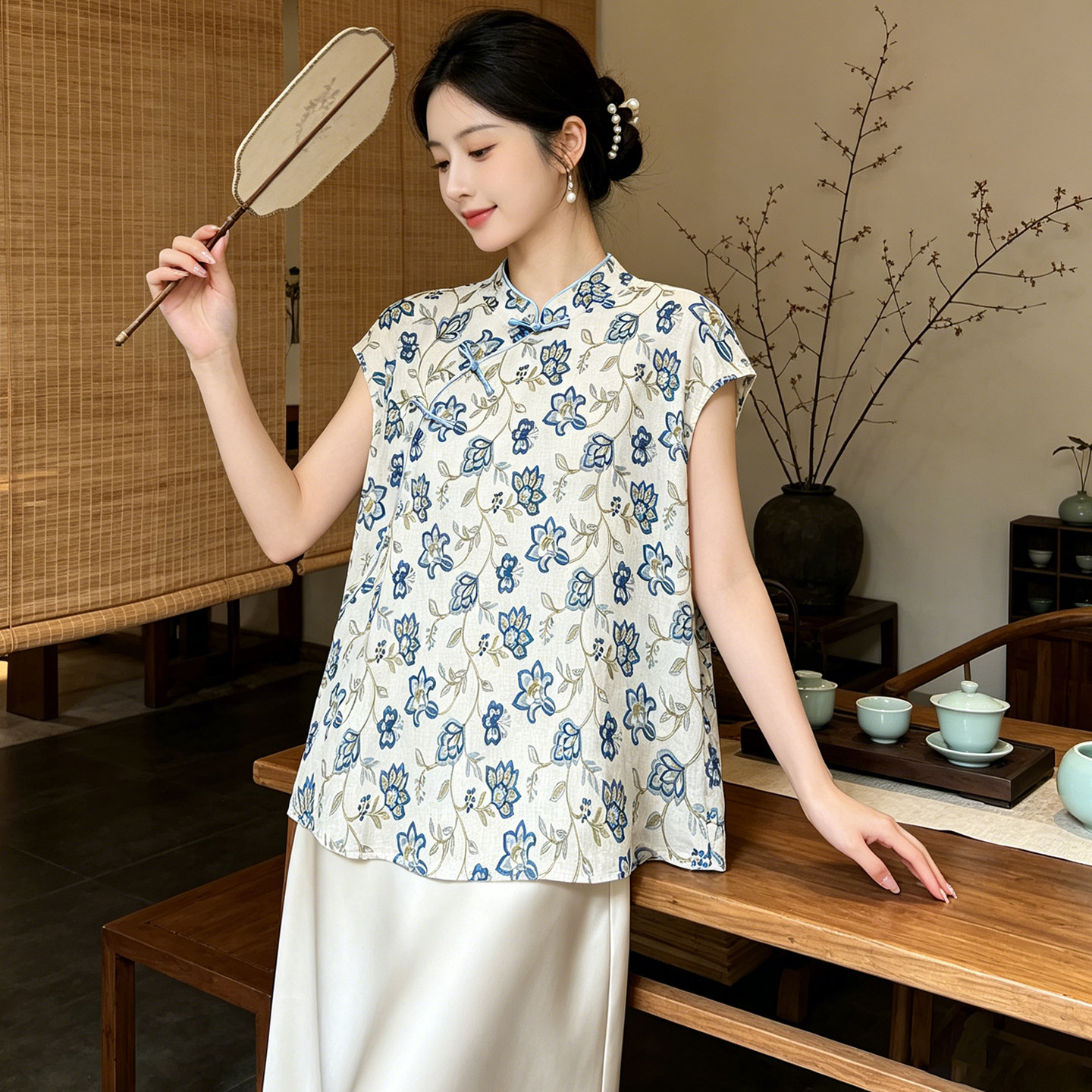 夏季女士无袖国风衬衫薄款新中式时尚洋气漂亮上衣女装碎花小衫
