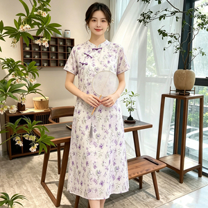 女士短袖改良旗袍国风新中式印花连衣裙长款大码日常可穿碎花长裙