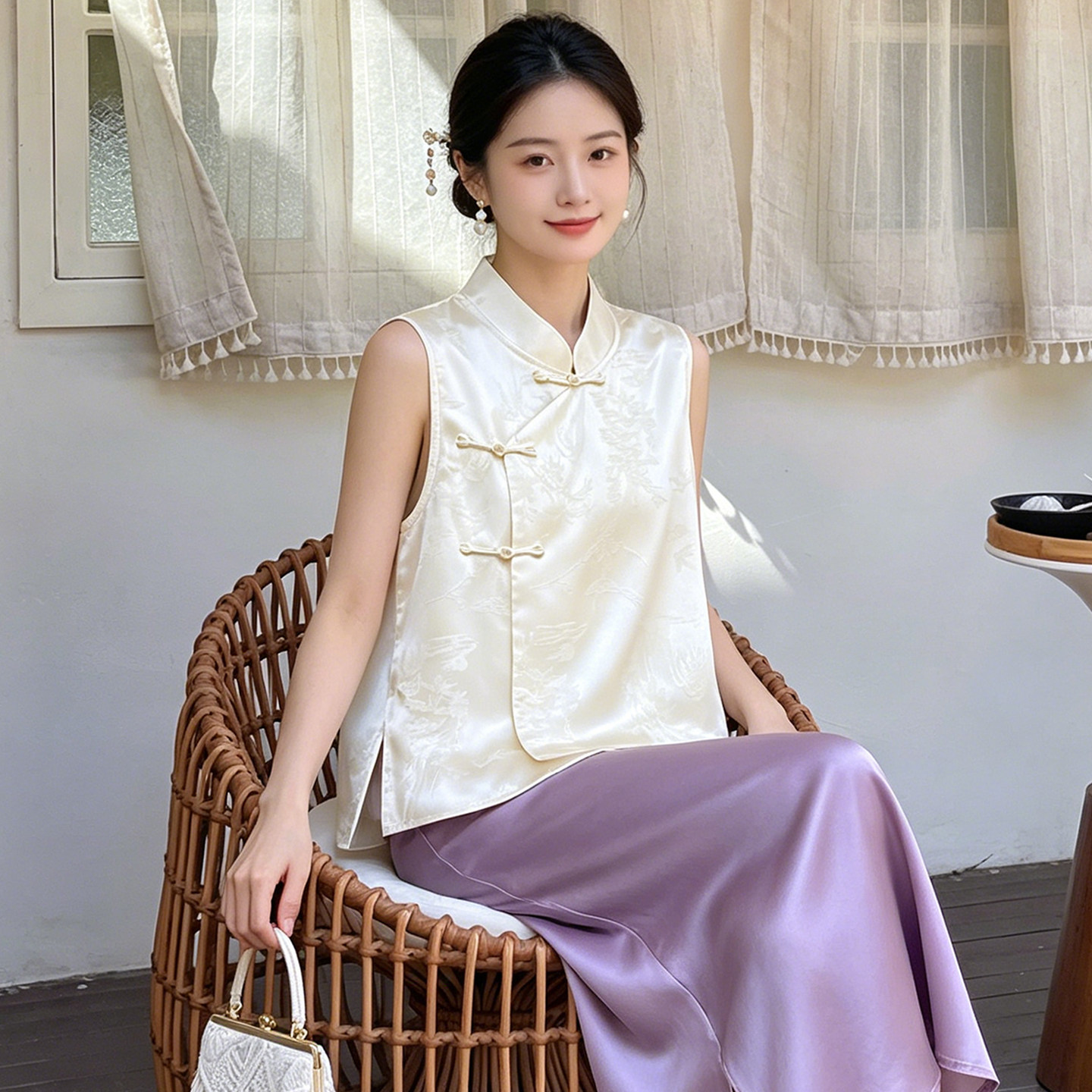 2026新款夏国风新中式外搭马甲背心叠穿女士无袖立领醋酸衬衫上衣图片