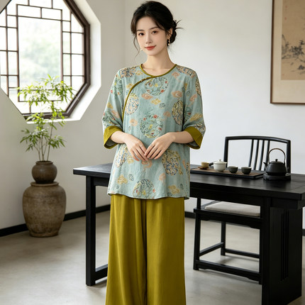 人造棉短袖长裤新中式棉绸睡衣女款夏可外穿大码莫代尔家居服套装