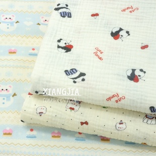 现货梭织面料 卡通熊猫猫咪全棉双层绉纱睡衣 包被口水巾浴巾