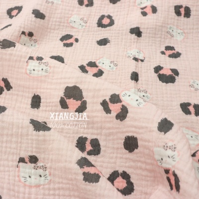 全棉双层绉纱 豹纹kitty睡衣家居服 包被口水巾浴巾面料