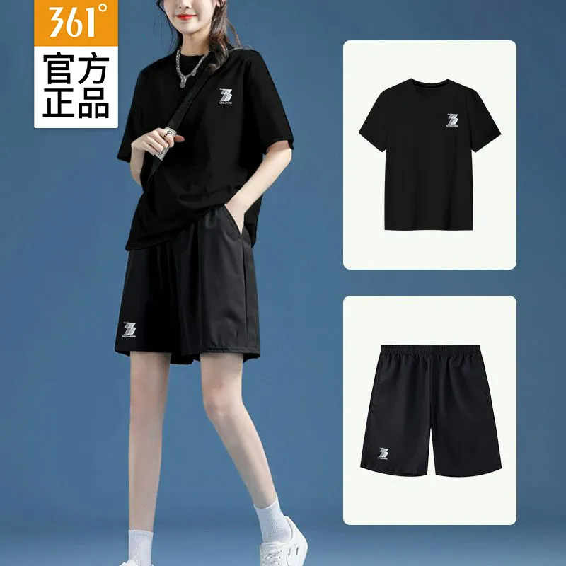 361运动套装女2024夏季黑色宽松短袖五分裤透气运动服跑步两件套