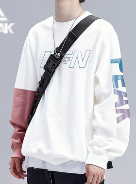 匹克2025冬季新款宽松圆领休闲白色运动服卫衣男士卫衣拼接套头衫