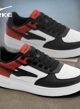 鸿星尔克厚底黑红色男鞋2025冬季新款学生休闲百搭皮面耐脏板鞋子