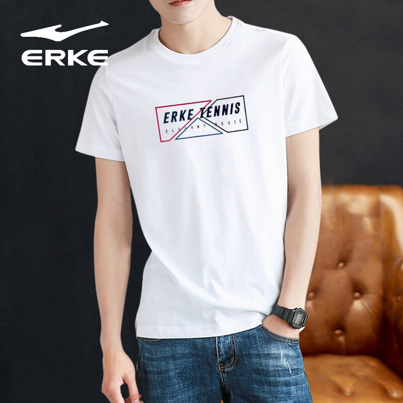 鸿星尔克夏季新款t恤休闲运动男士短袖舒适透气圆领上衣白色百搭