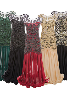 1920party deess 年会晚宴长款礼服裙复古亮片钉珠拼网纱荷叶女装