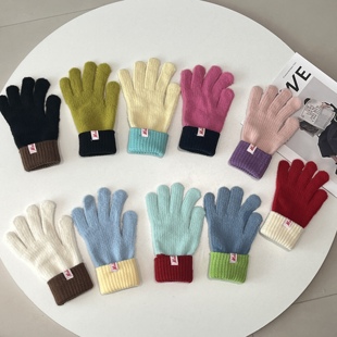 厚款毛绒可触屏蓝色手套女生冬天可爱拼色护手腕针织保暖骑车防冻