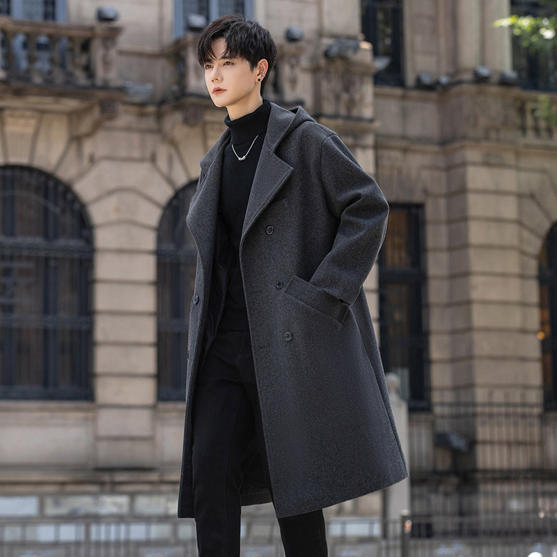 连帽毛呢大衣男秋冬季外套高档休闲中长款风衣港风宽松呢子外套新