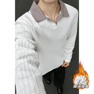 加绒翻领长袖T恤男汗衫青年男式休闲polo潮流卫衣大码打底衫秋冬