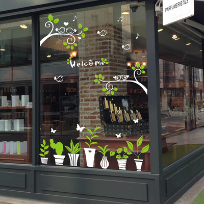 田园盆栽玻璃门养生窗户墙贴纸