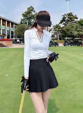 SG高尔夫女装夏季冰丝上衣polo衫V领长袖t恤韩版防走光百褶裙套装