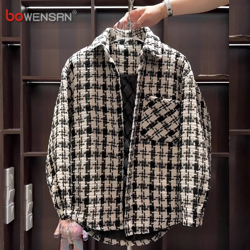 高级感小香风格子外套男士春秋冬季2025新款潮牌休闲夹克男款衬衫