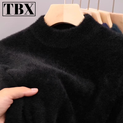 高端仿水貂绒毛衣男士秋冬季加绒加厚保暖一体绒半高领打底衫男款