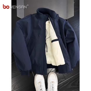 藏青色加厚棉服外套男士2025新款春秋冬季高级感飞行夹克男款冬装