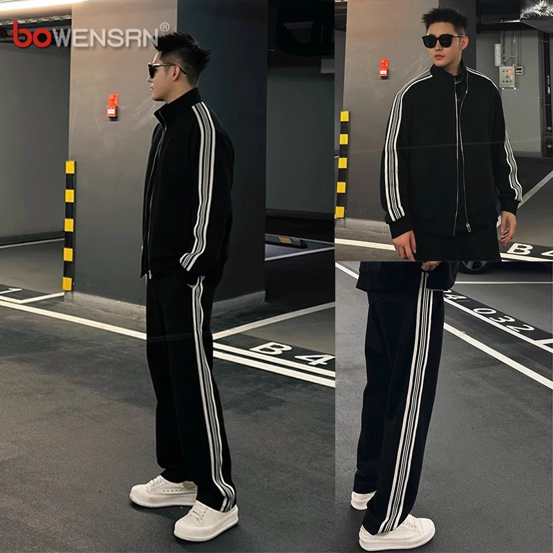 高端休闲运动套装男士2025新款春秋冬季潮牌条纹开衫外套男款加绒