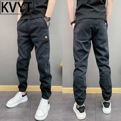 潮牌男士加绒牛仔裤2025年秋冬季新款高级感水洗宽松束脚加厚男裤