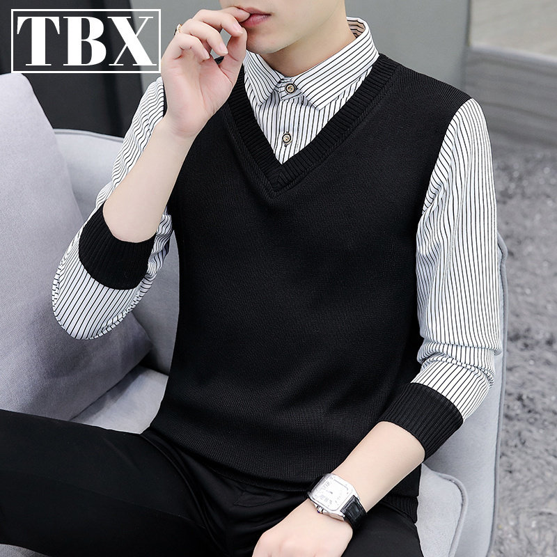 假两件毛衣男士秋冬季加绒加厚保暖2025新款衬衫领针织打底衫男款