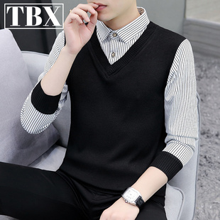 假两件毛衣男士秋冬季加绒加厚保暖2025新款衬衫领针织打底衫男款