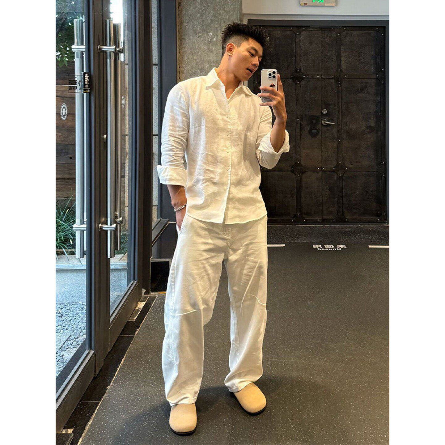 美式老钱风白色亚麻衬衫长裤套装男士夏季宽松上衣裤子痞帅一整套