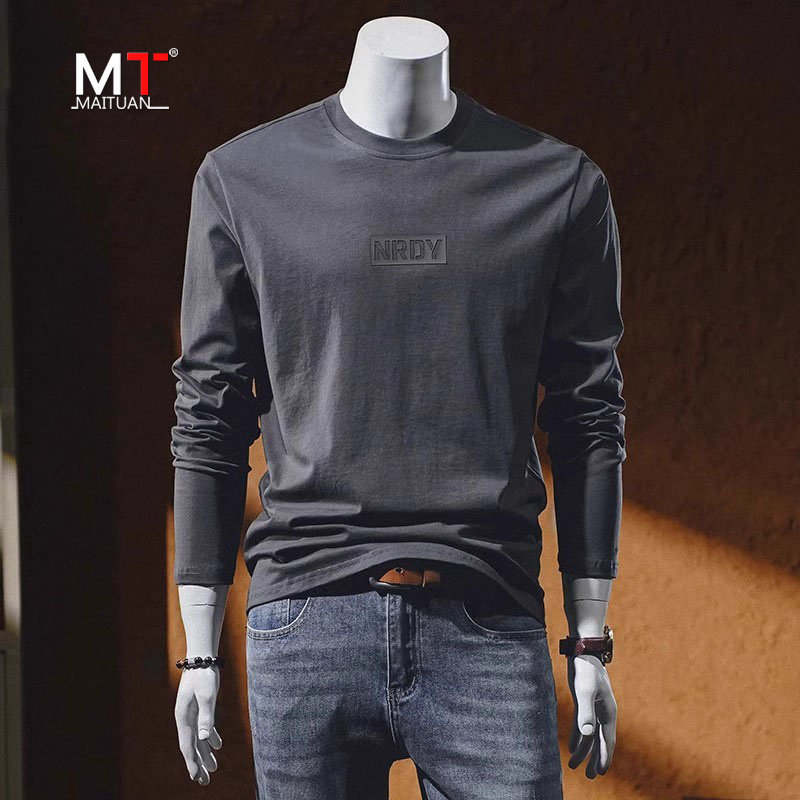 高端纯棉男士长袖t恤2025新款春秋冬季重磅宽松圆领打底卫衣男款