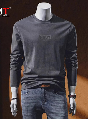 高端纯棉男士长袖t恤2025新款春秋冬季重磅宽松圆领打底卫衣男款