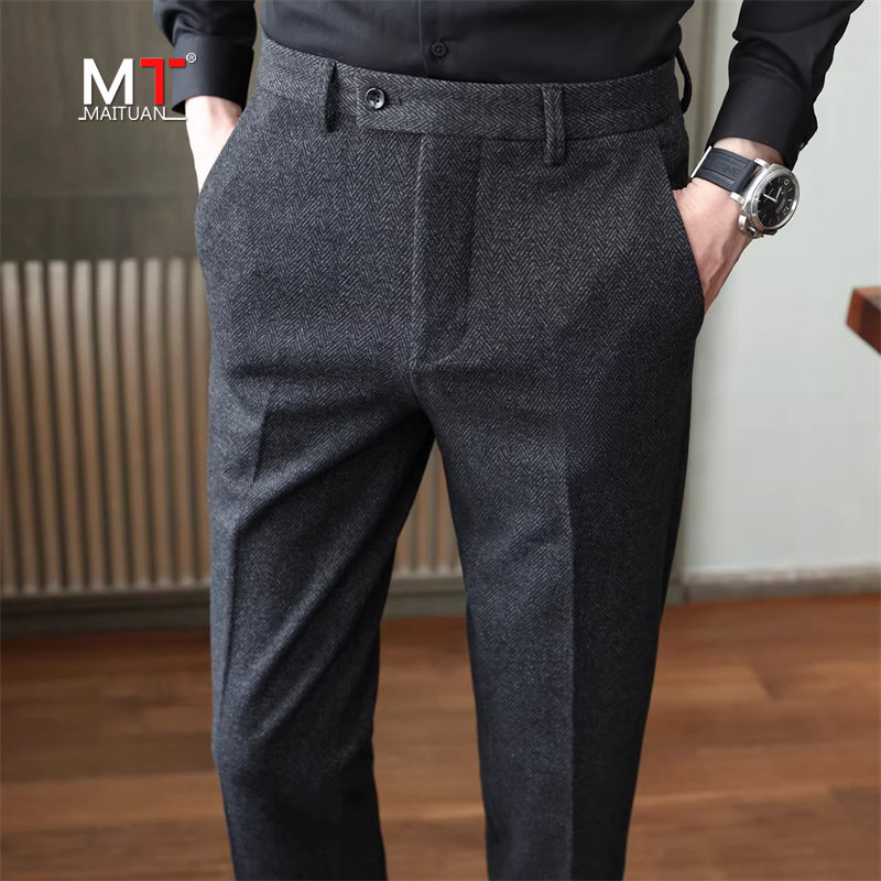 高端毛呢西裤男士2025秋冬新款商务男裤加厚磨毛休闲西装裤子男款