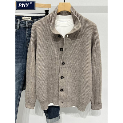 潮牌美式复古开衫毛衣男秋冬季2025新款慵懒风纯色立领针织衫外套