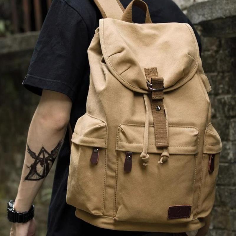 香港IT HKins复古男士双肩包大学生书包纯色旅行包抽带背包大容量