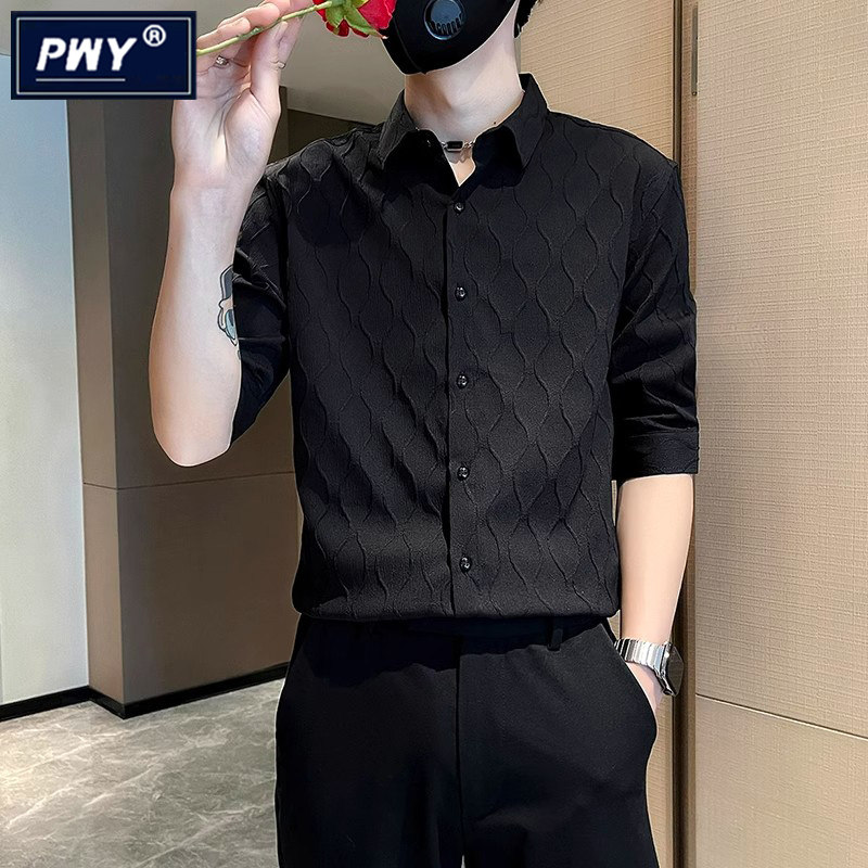 潮牌高级感冰丝短袖衬衫男士2026夏季新款修身痞帅衬衣五分袖上衣