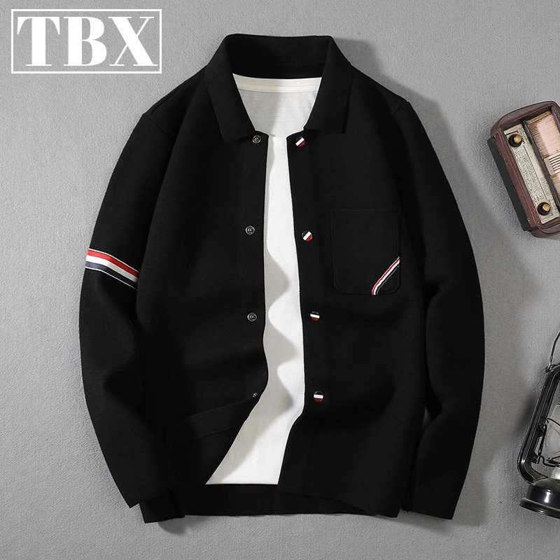 高端针织开衫外套男士春秋冬季2025新款欧货翻领夹克黑色毛衣男款