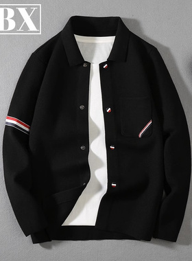 高端针织开衫外套男士春秋冬季2025新款欧货翻领夹克黑色毛衣男款