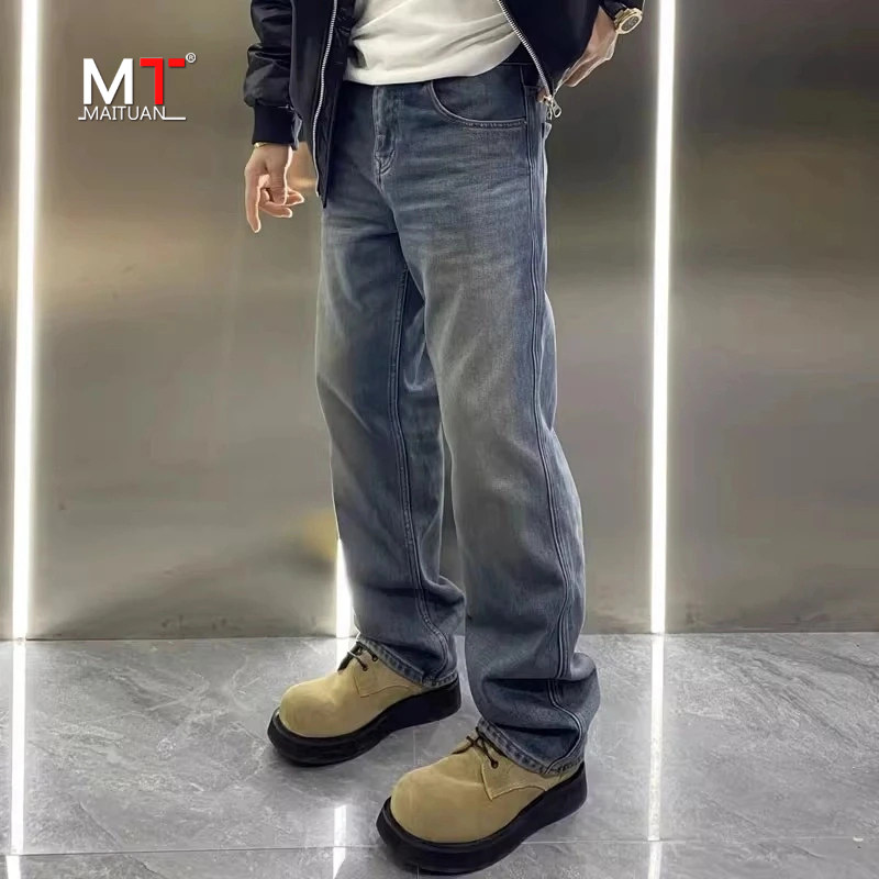 高端复古蓝水洗牛仔裤男款秋冬季2025新款男裤加绒宽松男士直筒裤