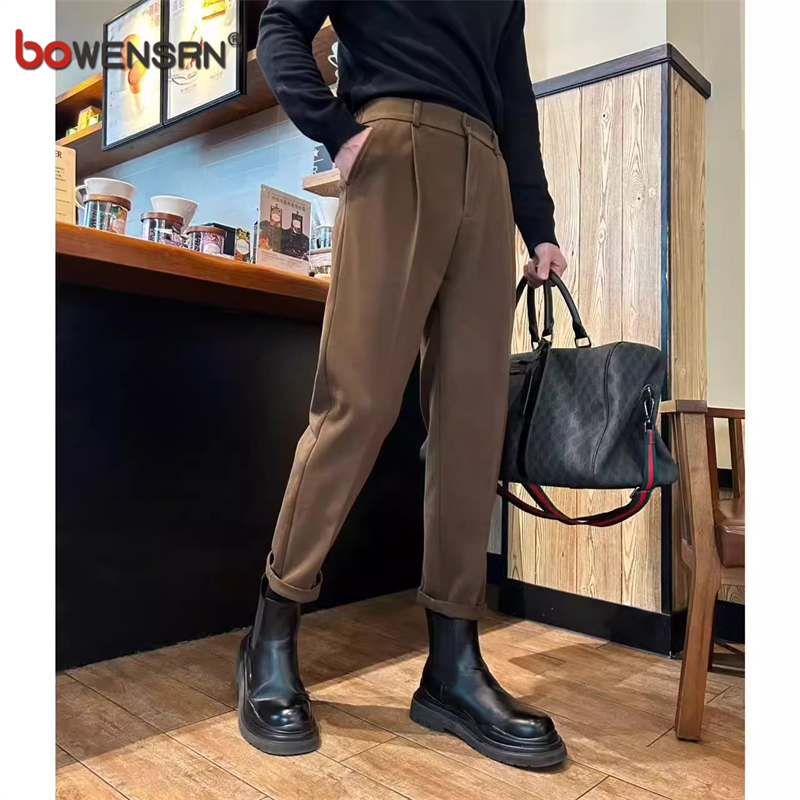 高端毛呢休闲西裤男士2025新款秋冬季直筒搭配马丁靴的男裤子男款