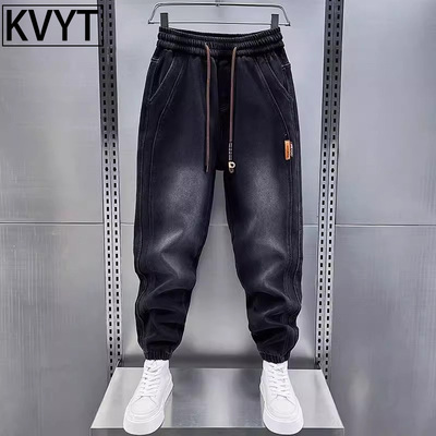 高端牛仔裤男士2025春秋季新款潮牌男裤子加厚小脚裤男束脚哈伦裤