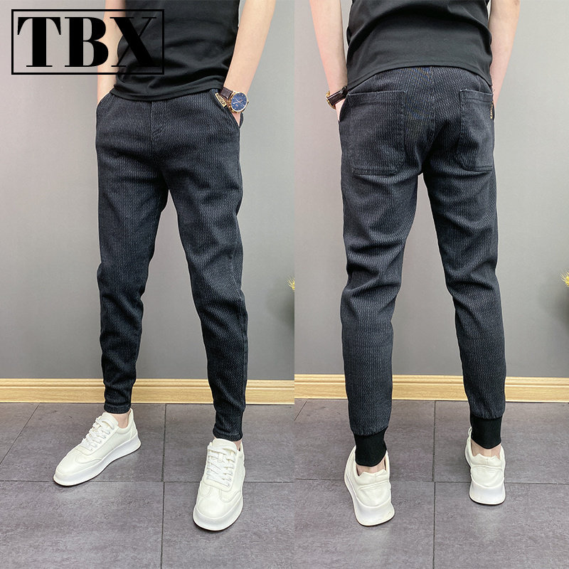 条纹束脚牛仔裤男士2025新款春秋冬季加绒修身小脚休闲男裤子男款