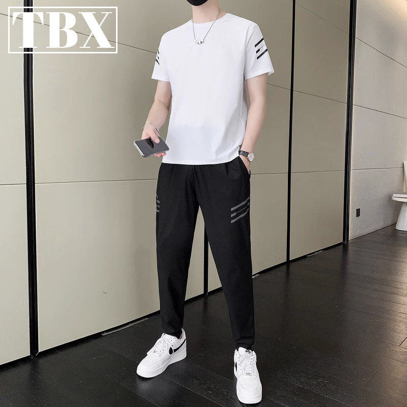 高端冰丝休闲运动套装男士夏季2026新款短袖t恤男款穿搭配两件套