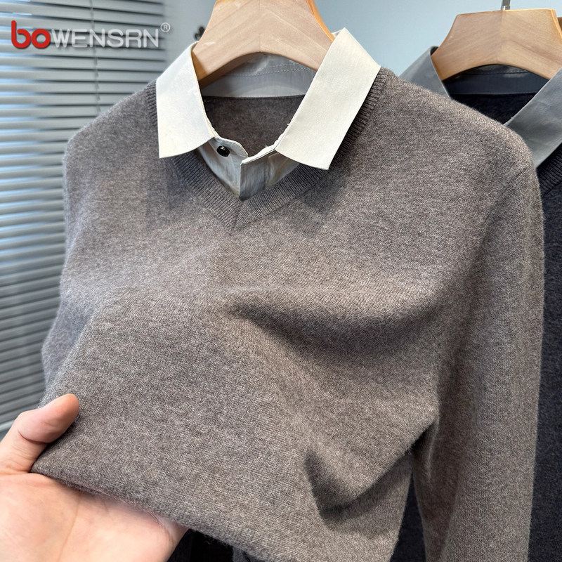 商务假两件衬衫领针织衫男士2025新款秋冬季高级感内搭打底衫男款