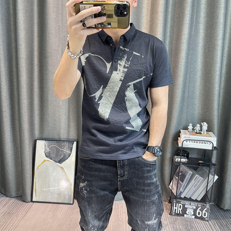 天丝麻polo衫男短袖夏季2026新款潮牌印花休闲菠萝衫翻领修身t恤