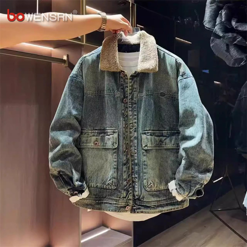 潮牌牛仔棉服外套男士2025新款秋冬季工装翻领加厚颗粒绒夹克男款