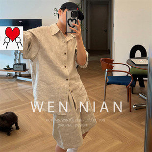 韩国WEN NIAN老钱风亚麻套装男款2026春夏季轻薄防晒短袖衬衫短裤