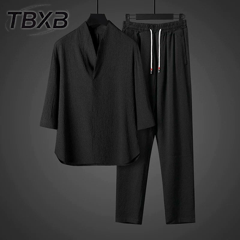 新中式冰丝男士短袖t恤夏季套装2026年新款V领国风七分袖汉服男款