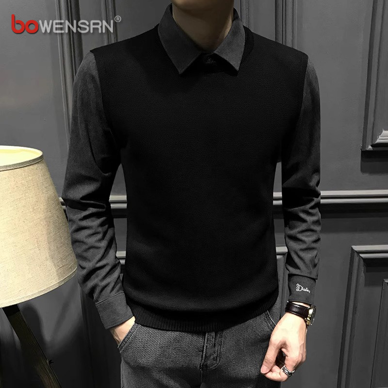 高端假两件毛衣男士秋冬季2025新款加绒针织衫商务打底衬衫领男款