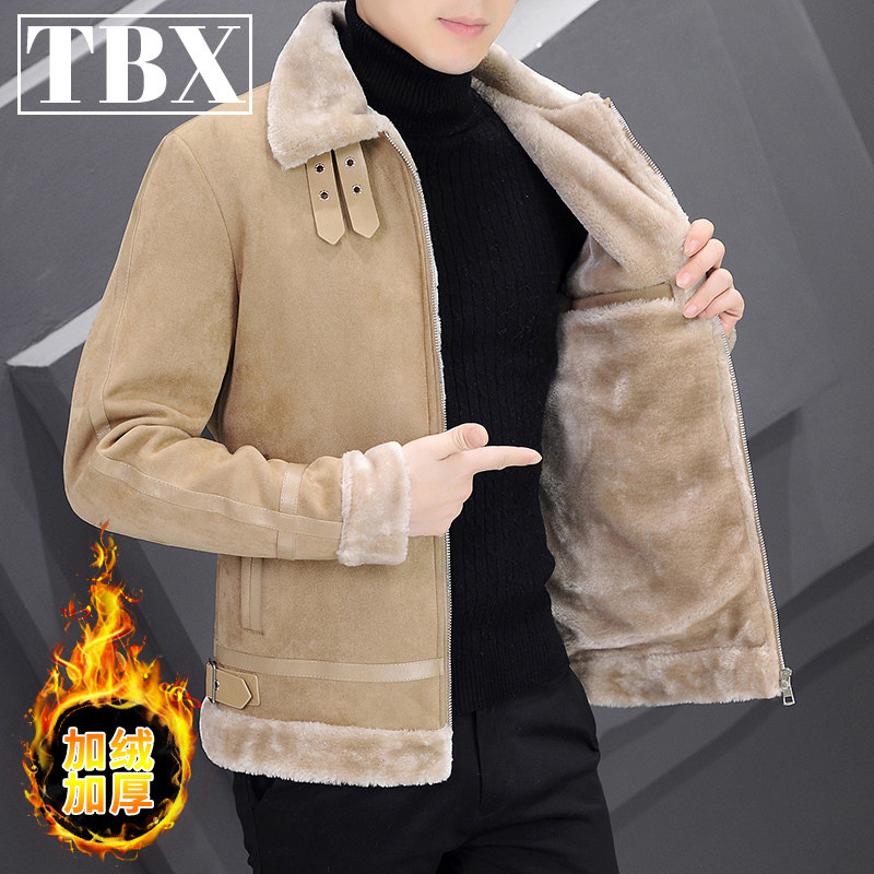 皮毛一体鹿皮绒外套男士秋冬季2025新款加绒厚羊羔毛皮衣夹克男款
