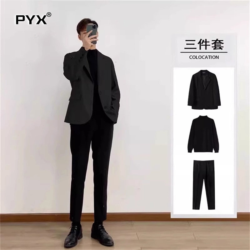 高端休闲西装套装男士秋冬季2025新款西服外套西裤毛衣穿搭三件套