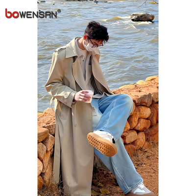 潮牌卡其色双排扣风衣外套男士2025新款秋冬季中长款文职大衣男款