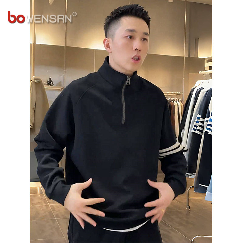 潮牌半拉链卫衣男士2025新款春秋冬季加绒立领长袖t恤男款打底衫