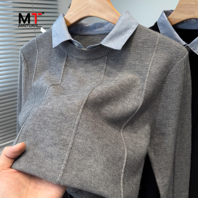 高端假两件衬衫领针织衫男士2025新款秋冬季商务内搭保暖毛衣男款